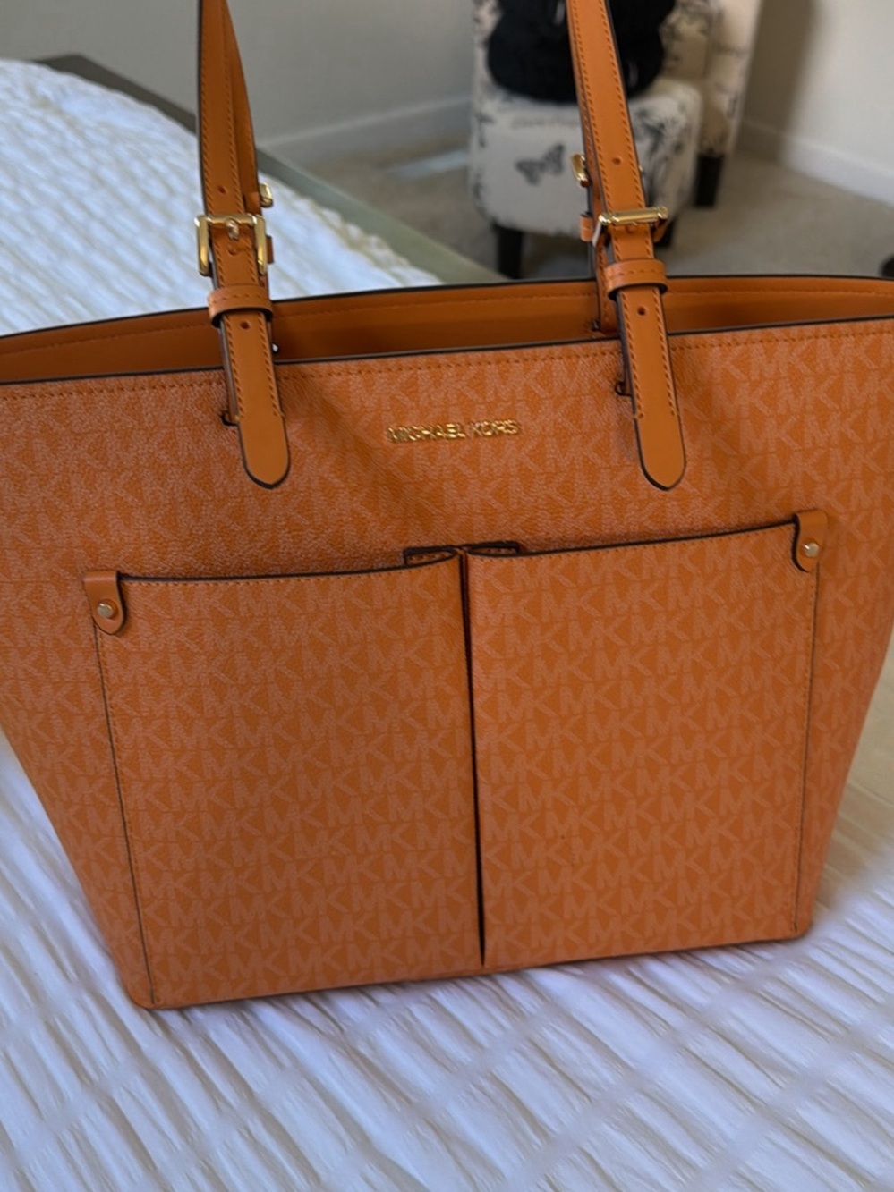 Michael Kors Orange Logo-Print Tote with Front Pockets
